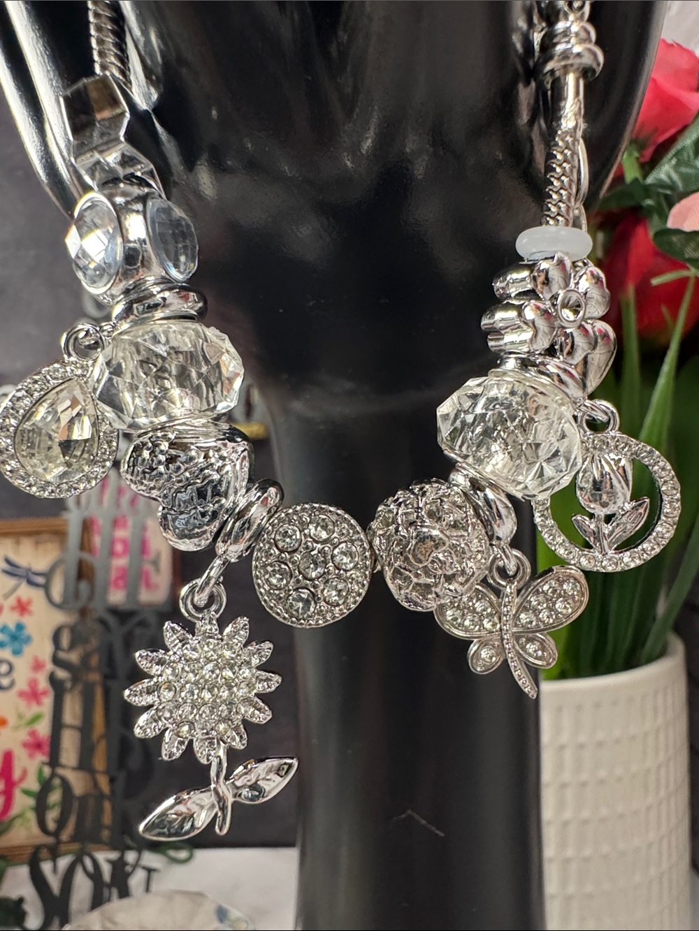 Silver Crystal Charm Bracelet - Sparkling Floral & Butterfly Charms